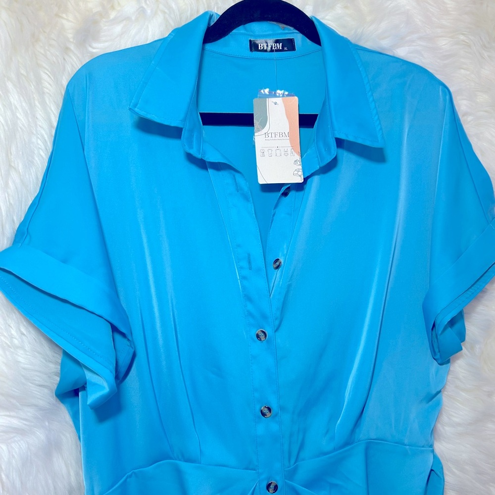 Elegant Satin Ruched Shirt Dress - Picture 7 of 12